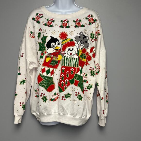 VTG American Weekend Glitter Stocking Animal Christmas Sweatshirt Womens Sz 20 - Picture 1 of 6